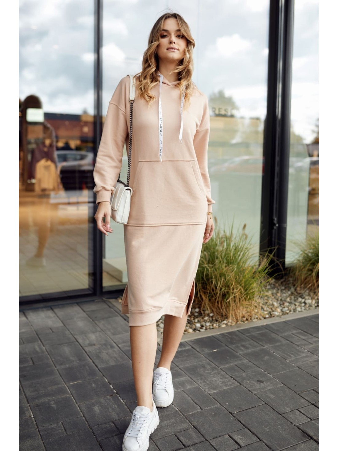 Beige sweatshirt dress with hood and slits FI721 - Online store - Boutique